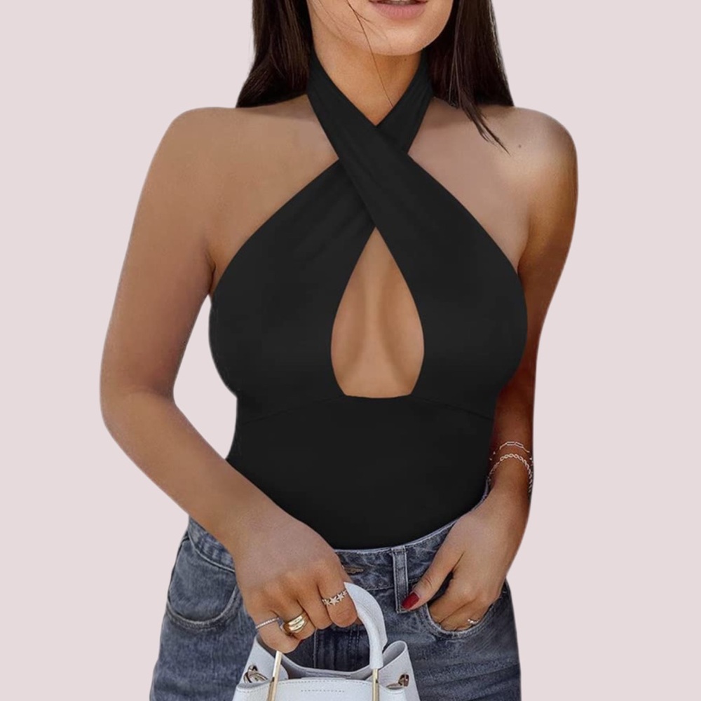 NWT Reoria Black Halter/Criss-Cross Bodysuit – Small‎